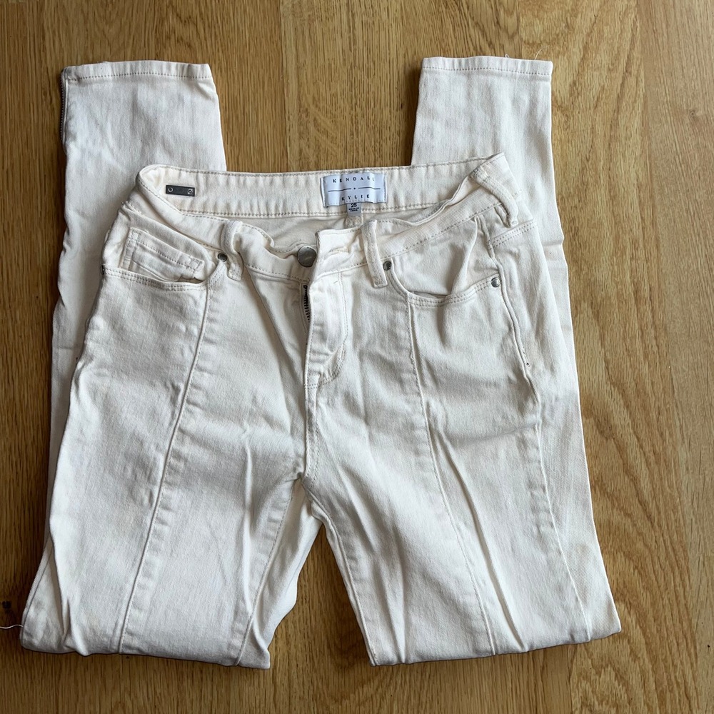 Kendall + Kylie Cream Moto Skinny Jeans Off White Quilted Zipper Ankle Size 25